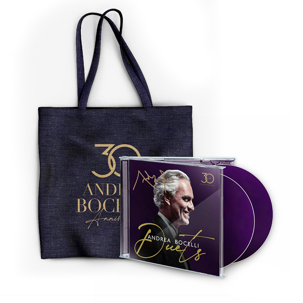 Andrea Bocelli: Duets - 30th Anniversary Signed CD + 30th Anniversary Tote Bag